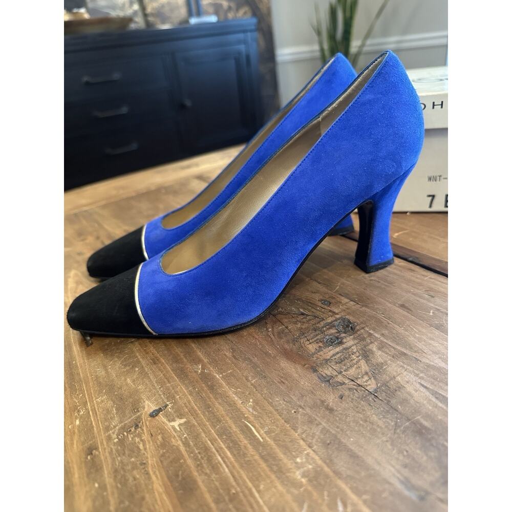 St John Size 7 High Heel Shoes Blue Leather Suede Designer St. John - Picture 4 of 9